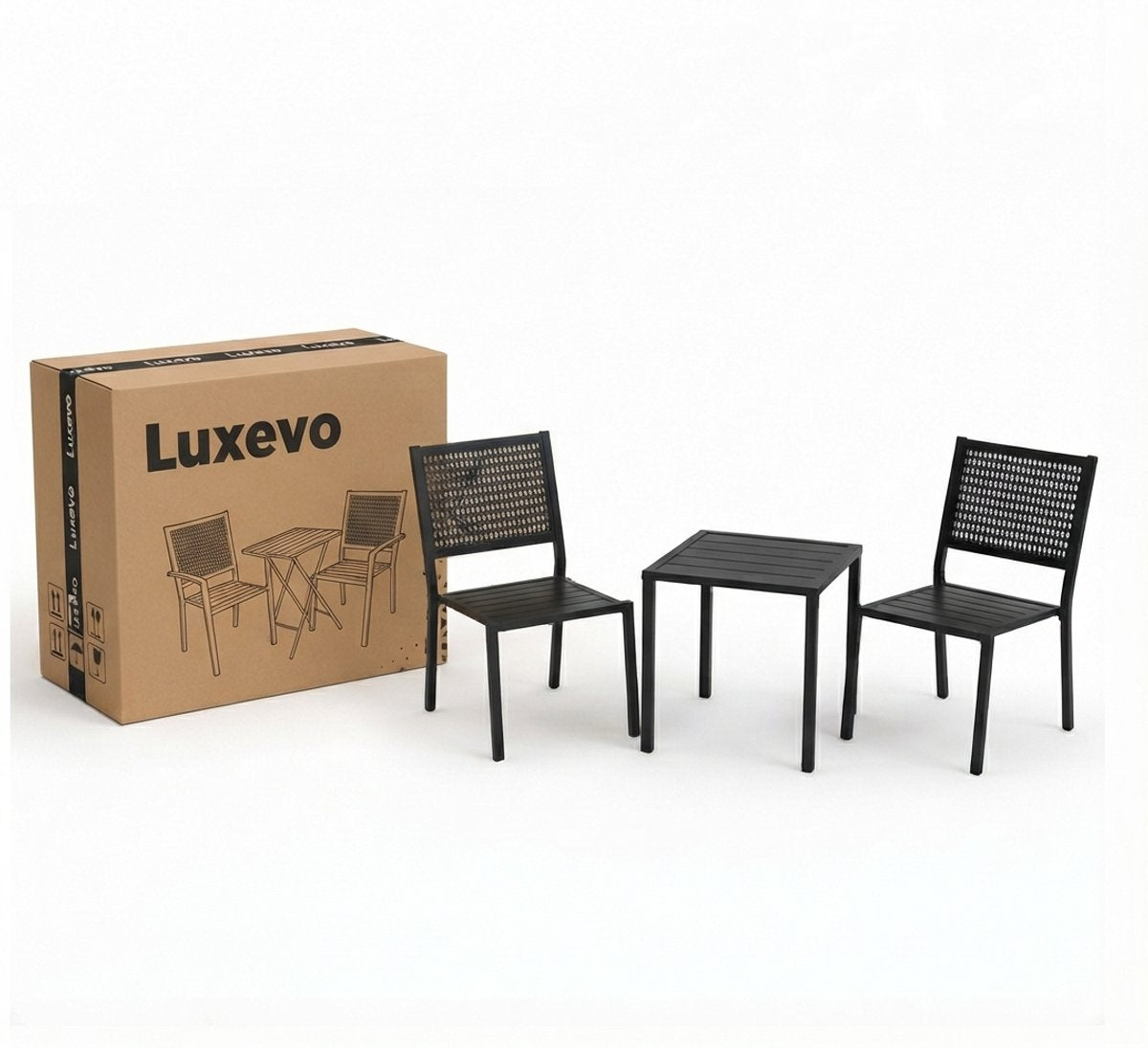 Bistroset 3 delig – 2 Stapelbare Tuinstoelen + Tafel – Weerbestendig – Zwart