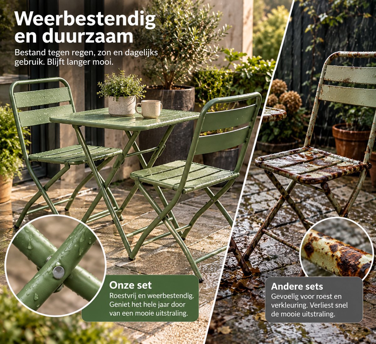 Bistroset 3 delig – Opvouwbare Tafel met 2 Stoelen – Metaal – Balkon & Terras - Groen