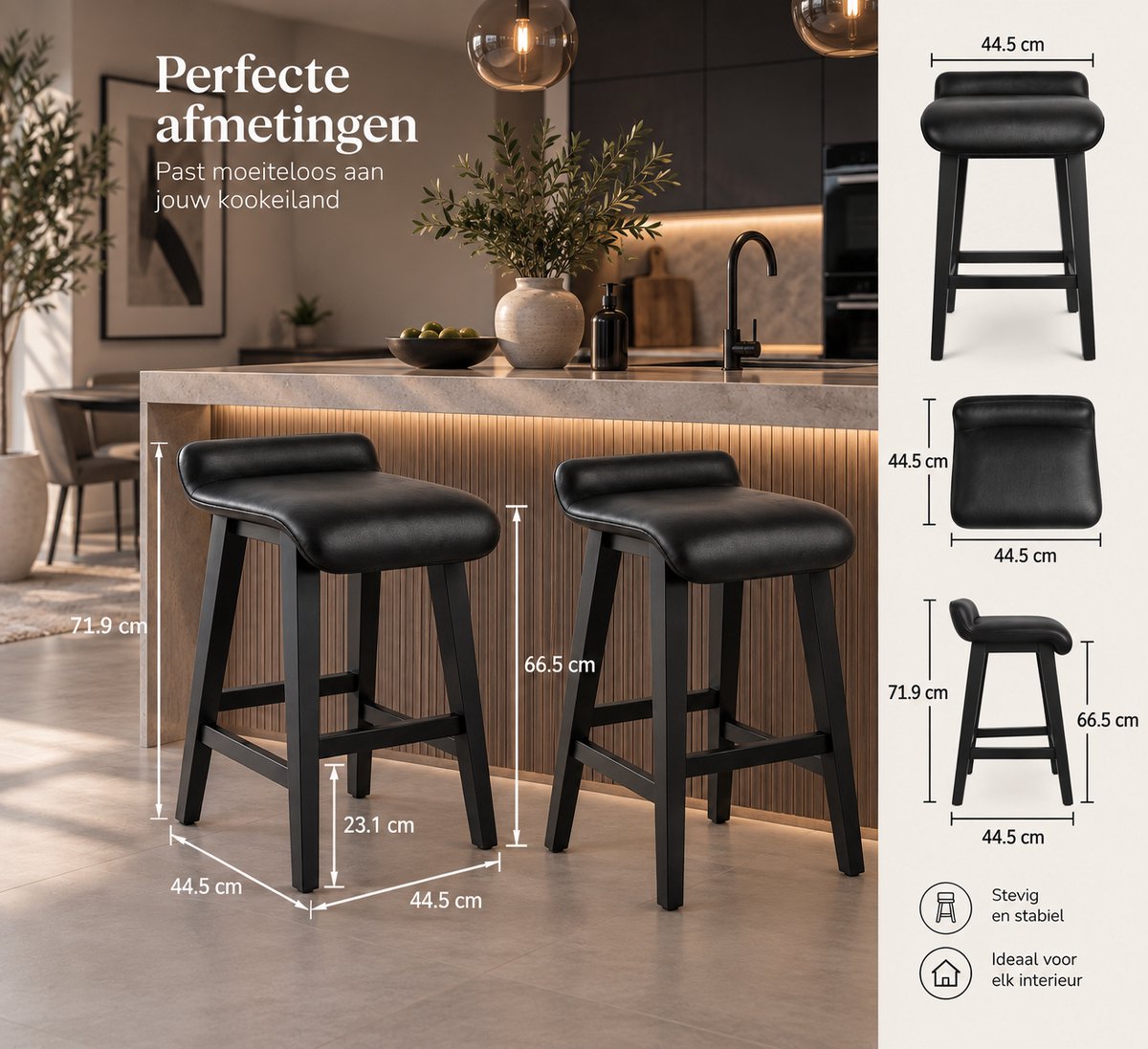 Barstoel Set van 2 – Barkruk - 66,5 cm Zithoogte – Kunstleder & Hout – Zwart