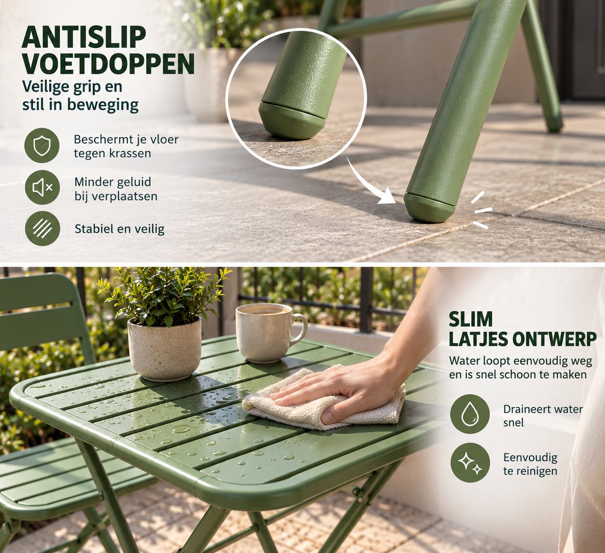 Bistroset 3 delig – Opvouwbare Tafel met 2 Stoelen – Metaal – Balkon & Terras - Groen