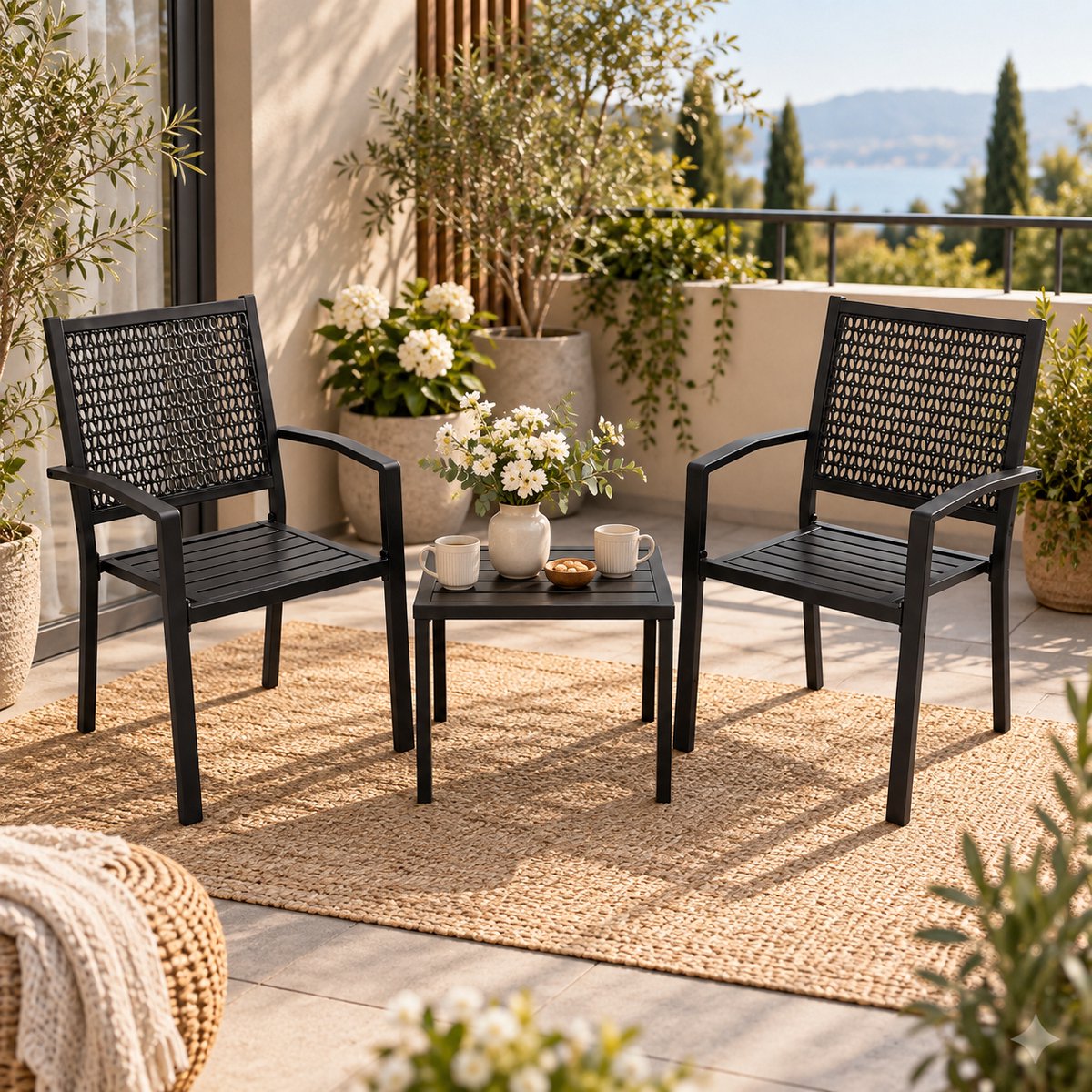 Bistroset 3 delig – 2 Stapelbare Tuinstoelen + Tafel – Weerbestendig – Zwart