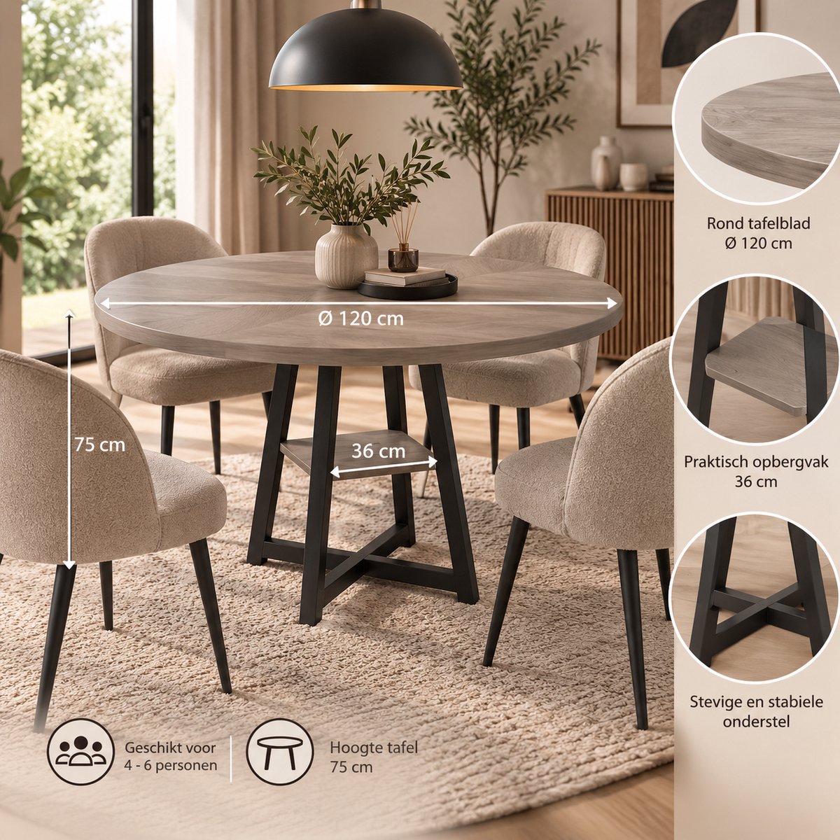 Ronde Eettafel – 120cm - 4-6 personen - Industrieel & Rustiek - Grijs