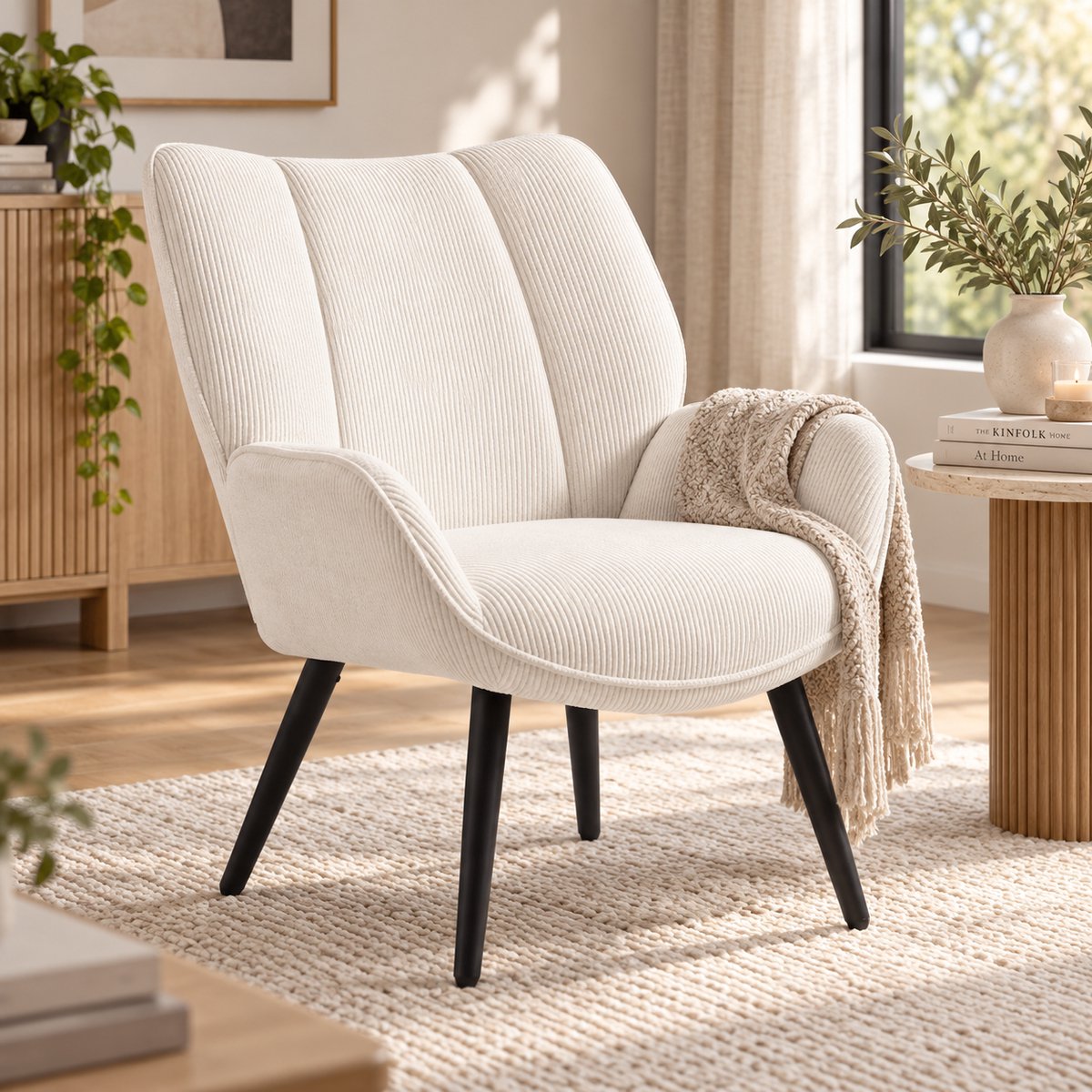 Fauteuil – Scandinavische Accent Stoel met Hoge Rugleuning – Ribfluweel Wit