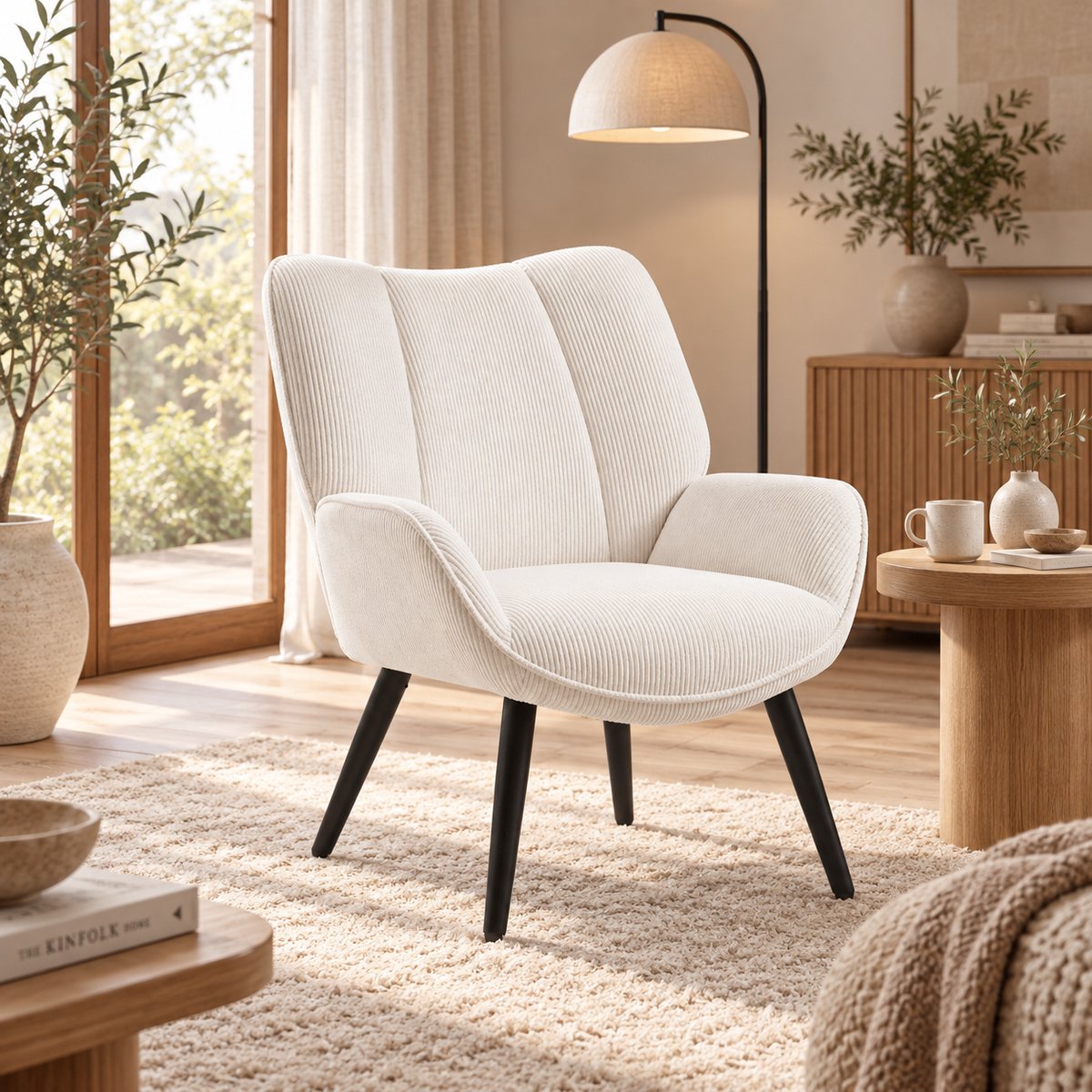 Fauteuil – Scandinavische Accent Stoel met Hoge Rugleuning – Ribfluweel Wit