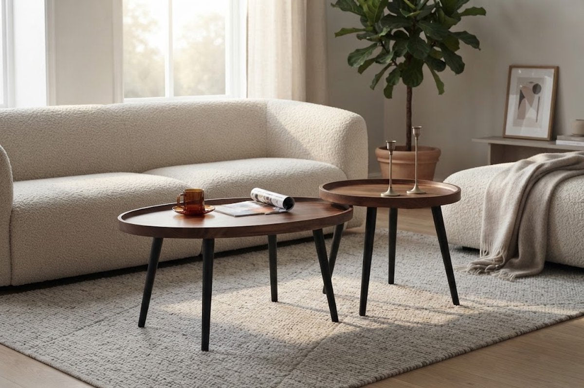 Salontafel Set - 2 Stuks - Rond en Ovaal - Scandinavisch Design - Houten Blad & Metalen Frame - Bruin