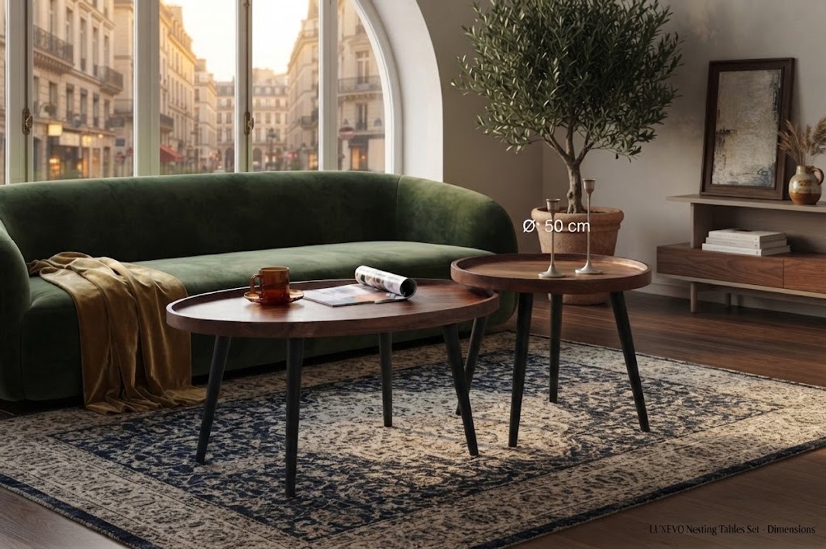 Salontafel Set - 2 Stuks - Rond en Ovaal - Scandinavisch Design - Houten Blad & Metalen Frame - Bruin