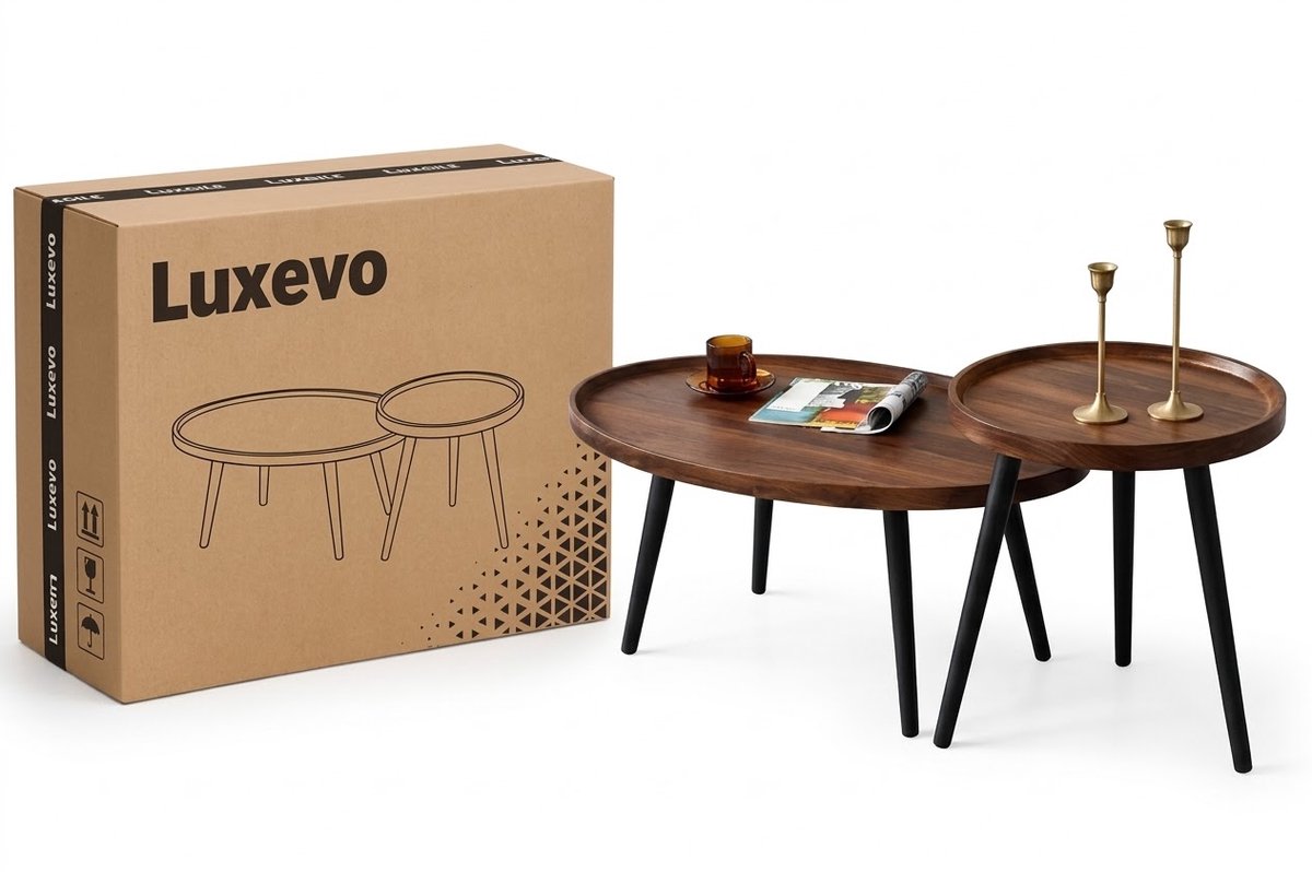 Salontafel Set - 2 Stuks - Rond en Ovaal - Scandinavisch Design - Houten Blad & Metalen Frame - Bruin