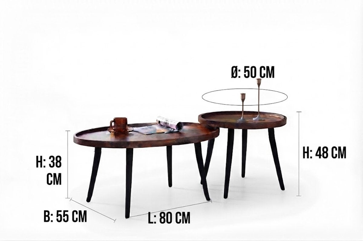 Salontafel Set - 2 Stuks - Rond en Ovaal - Scandinavisch Design - Houten Blad & Metalen Frame - Bruin