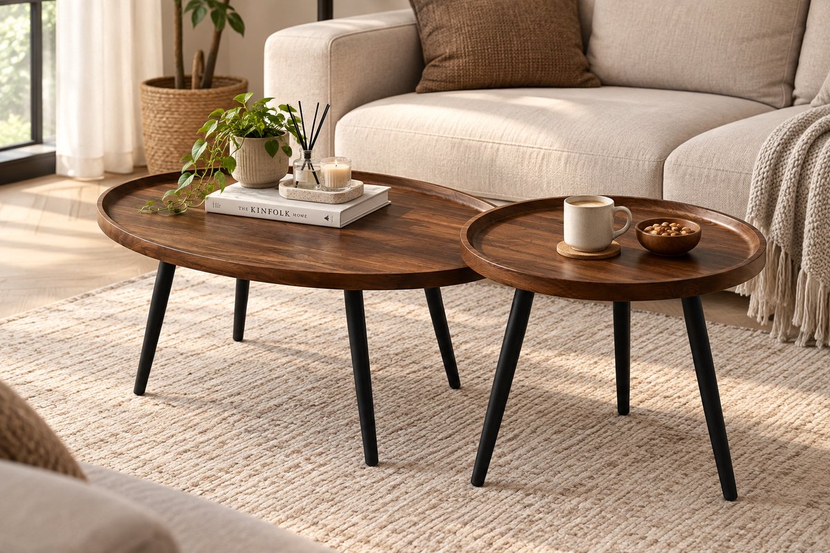 Salontafel Set - 2 Stuks - Rond en Ovaal - Scandinavisch Design - Houten Blad & Metalen Frame - Bruin