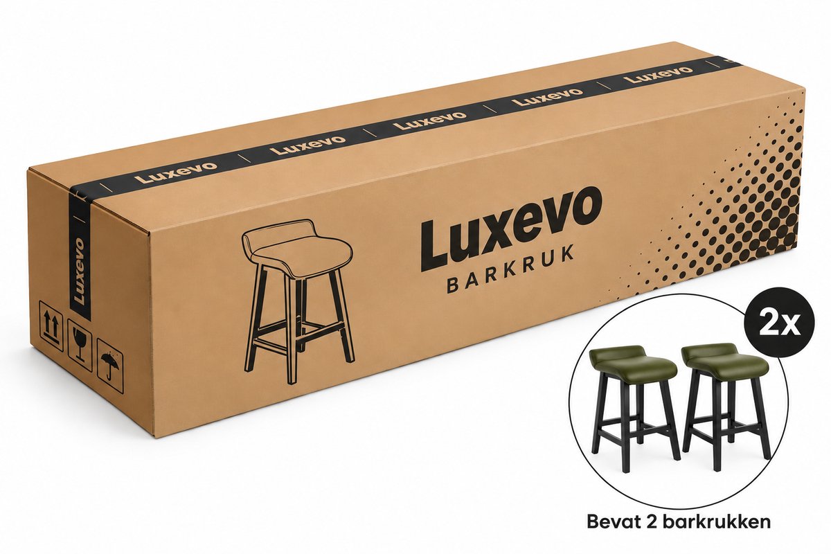 Barstoel Set van 2 – Barkruk - 66,5 cm Zithoogte – Kunstleder & Massief Hout – Donkergroen