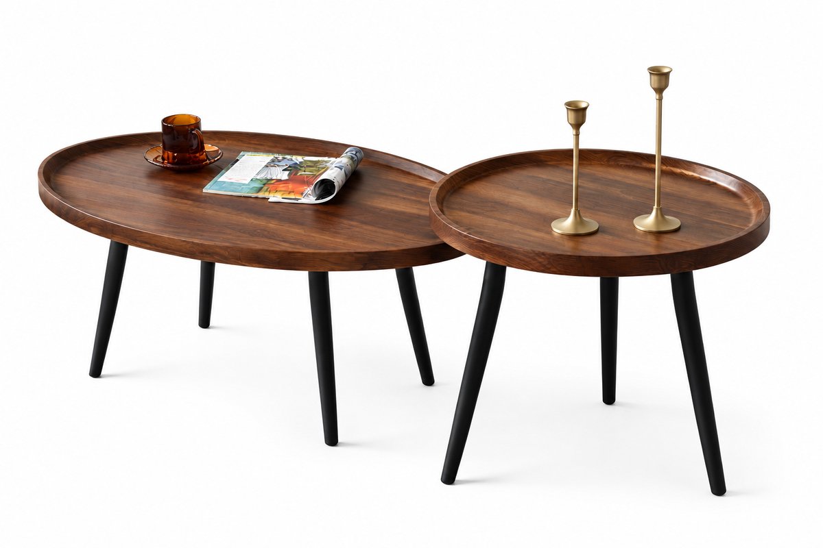 Salontafel Set - 2 Stuks - Rond en Ovaal - Scandinavisch Design - Houten Blad & Metalen Frame - Bruin