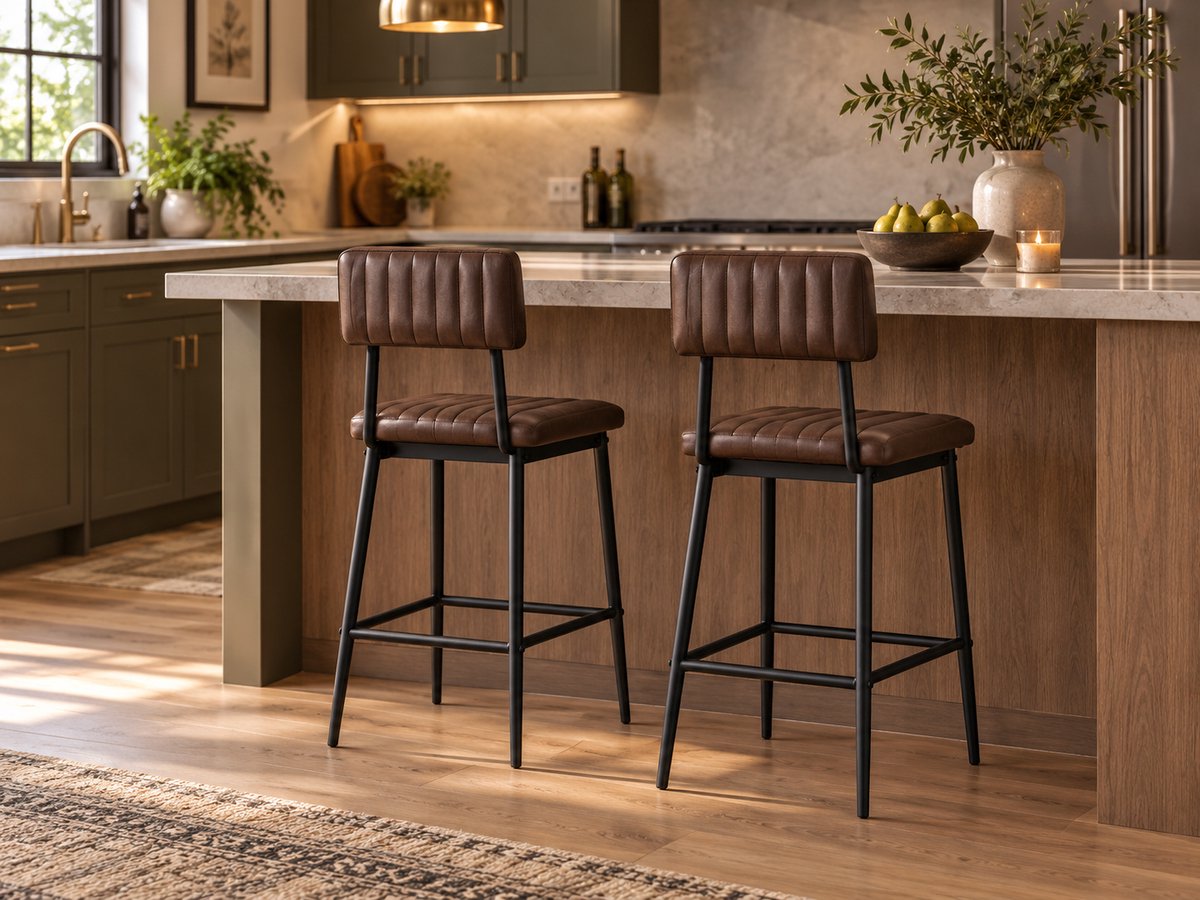 Barstoelen Set van 2 – 65 cm Zithoogte - PU Leer – Barkrukken met Rugleuning & Voetensteun – Industrieel & Modern – Bruin