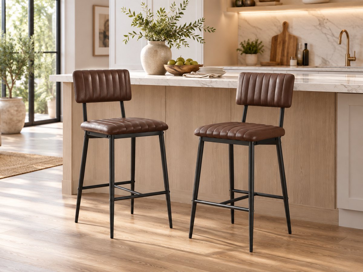 Barstoelen Set van 2 – 65 cm Zithoogte - PU Leer – Barkrukken met Rugleuning & Voetensteun – Industrieel & Modern – Bruin