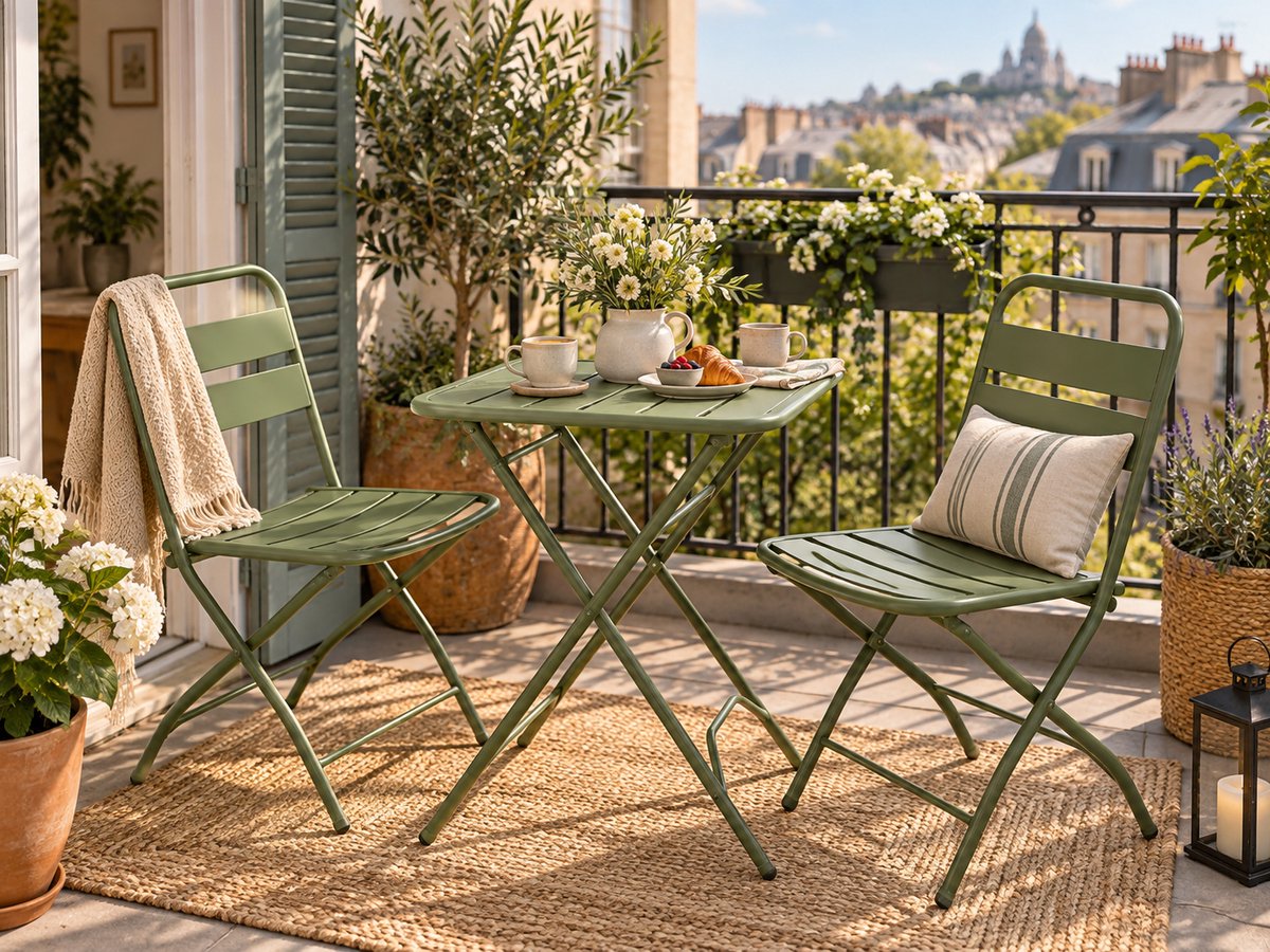 Bistroset 3 delig – Opvouwbare Tafel met 2 Stoelen – Metaal – Balkon & Terras - Groen