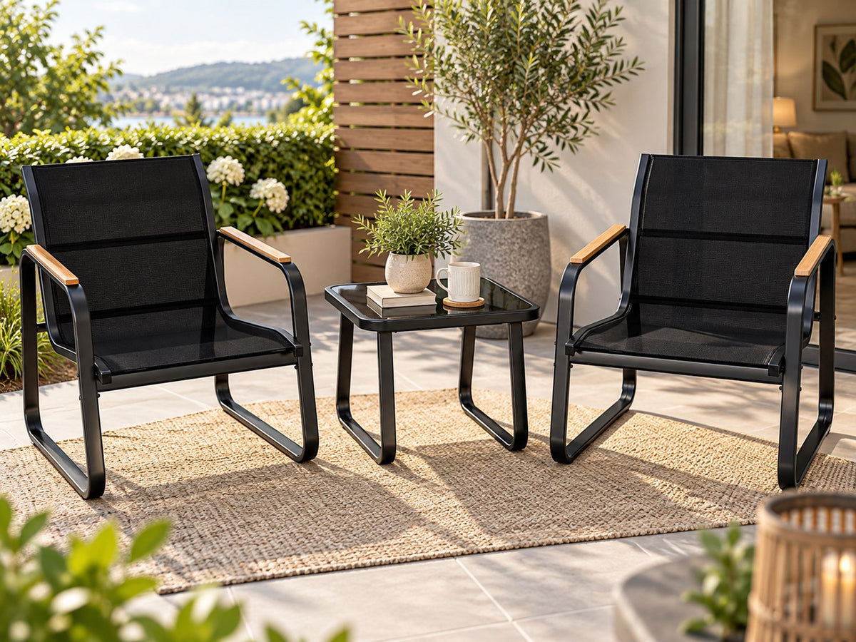 3 Delige Bistro Set – Tuinset met Glazen Tafel & Mesh Stoelen – Weerbestendige Outdoor Set voor Balkon, Tuin & Terras
