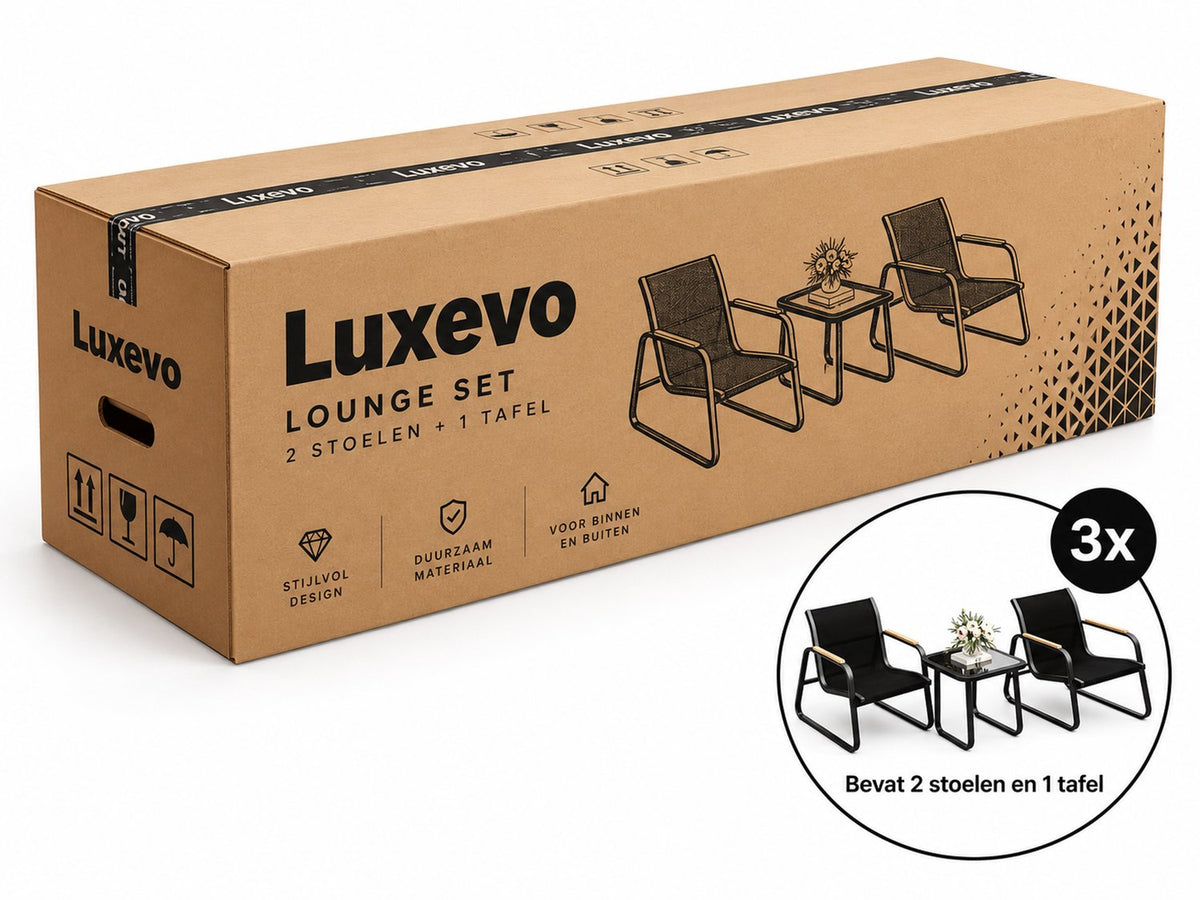 3 Delige Bistro Set – Tuinset met Glazen Tafel & Mesh Stoelen – Weerbestendige Outdoor Set voor Balkon, Tuin & Terras
