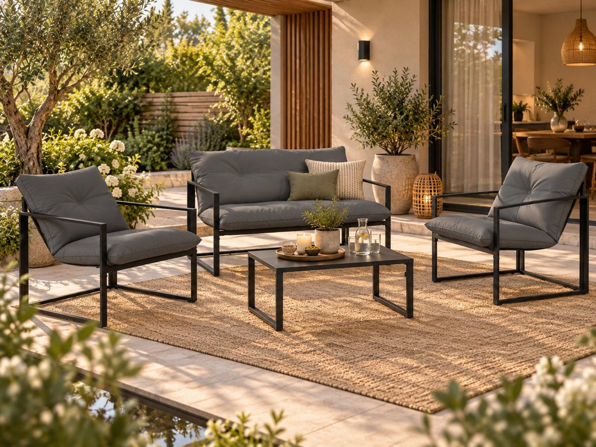 4 Delige Lounge Set – Tuinset voor 4 Personen met Salontafel & Extra Dikke Kussens - Zwart