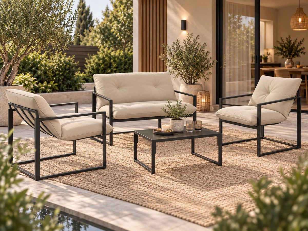 4 Delige Lounge Set – Tuinset voor 4 Personen met Salontafel & Extra Dikke Kussens - Beige