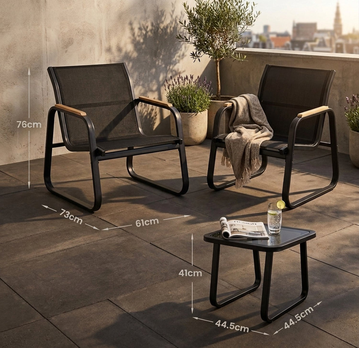 3 Delige Bistro Set – Tuinset met Glazen Tafel & Mesh Stoelen – Weerbestendige Outdoor Set voor Balkon, Tuin & Terras