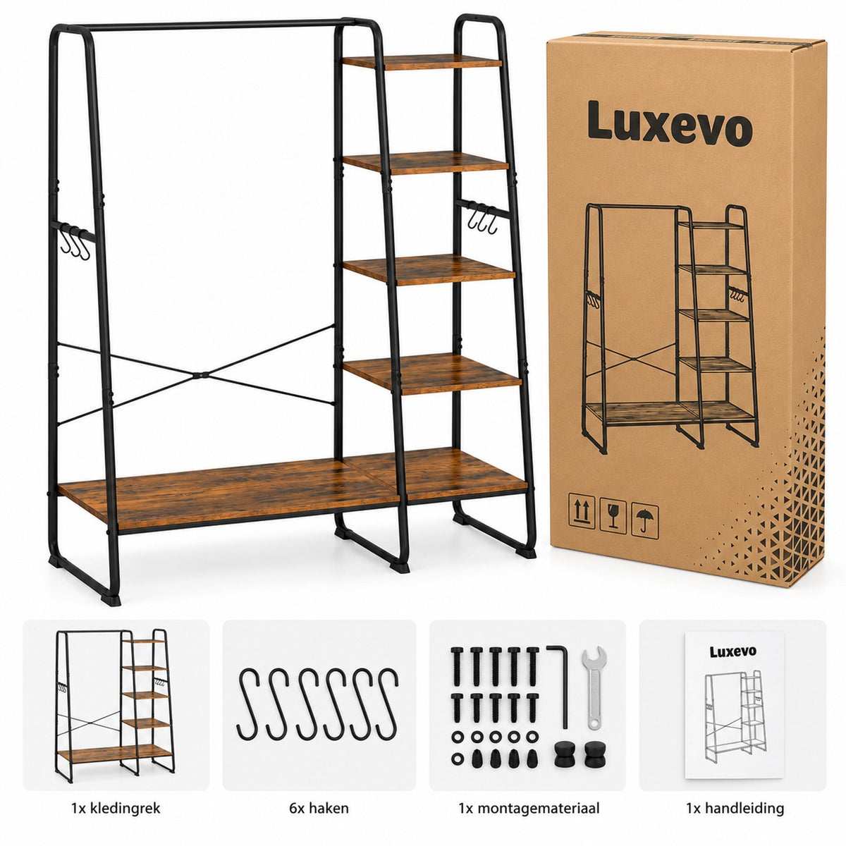 Kledingrek met Schoenenrek – Kledingstang met 5 Opbergplanken en 6 Haken – Kapstok Staand – 120 x 45 x 160 cm – Bruin/Zwart