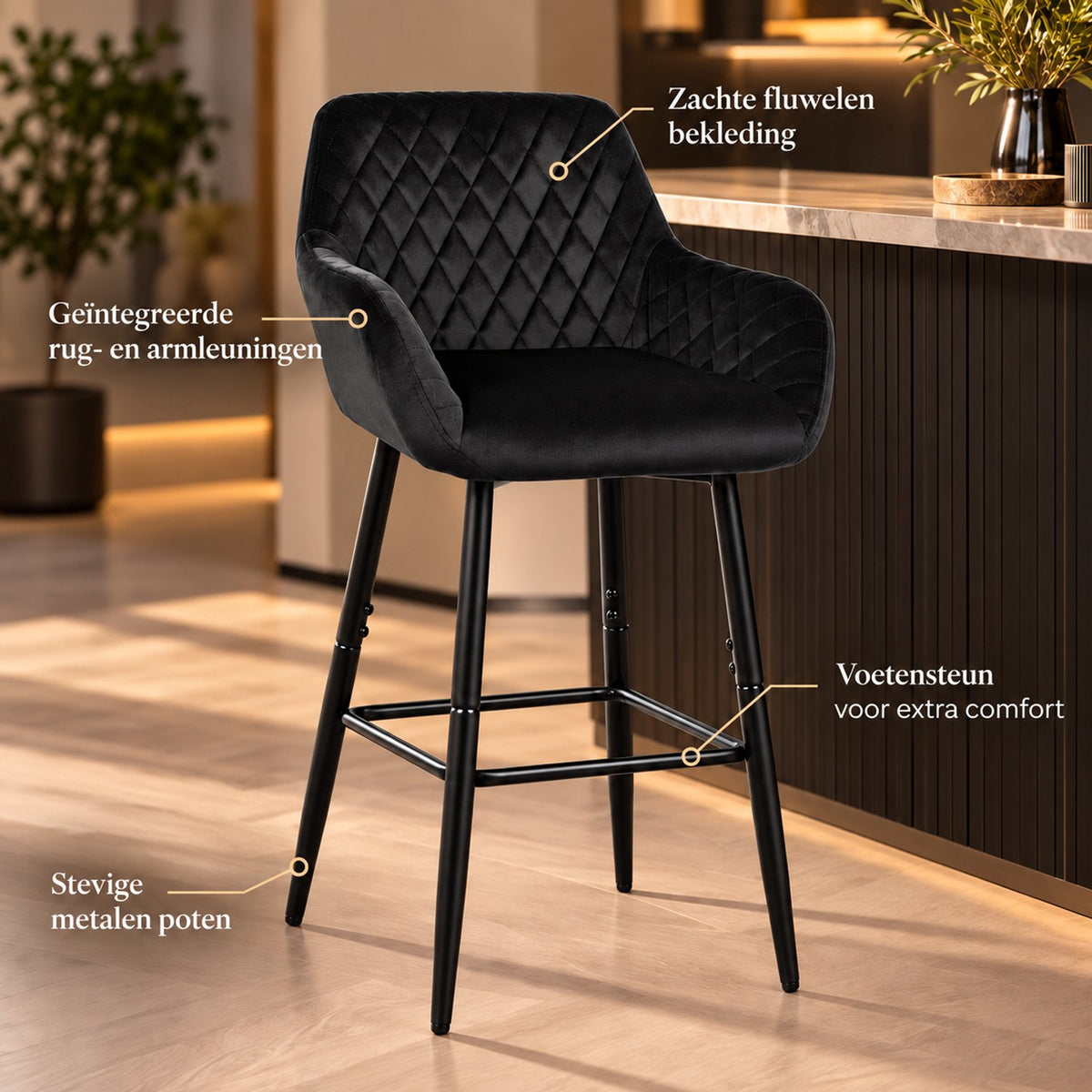 Barkrukken - Set van 2 - Zwart Fluweel - Zithoogte 60 cm - Met Rugleuning en Armleuningen - Metalen Poten - Keukenkrukken