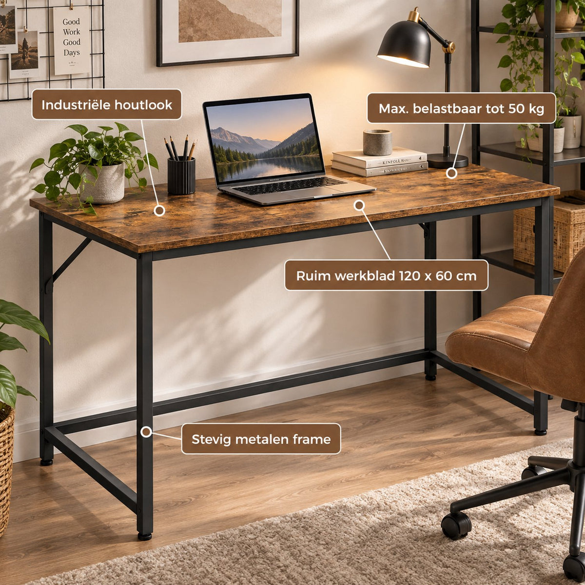 Bureau - 120 cm Industrieel Design - Donker Hout