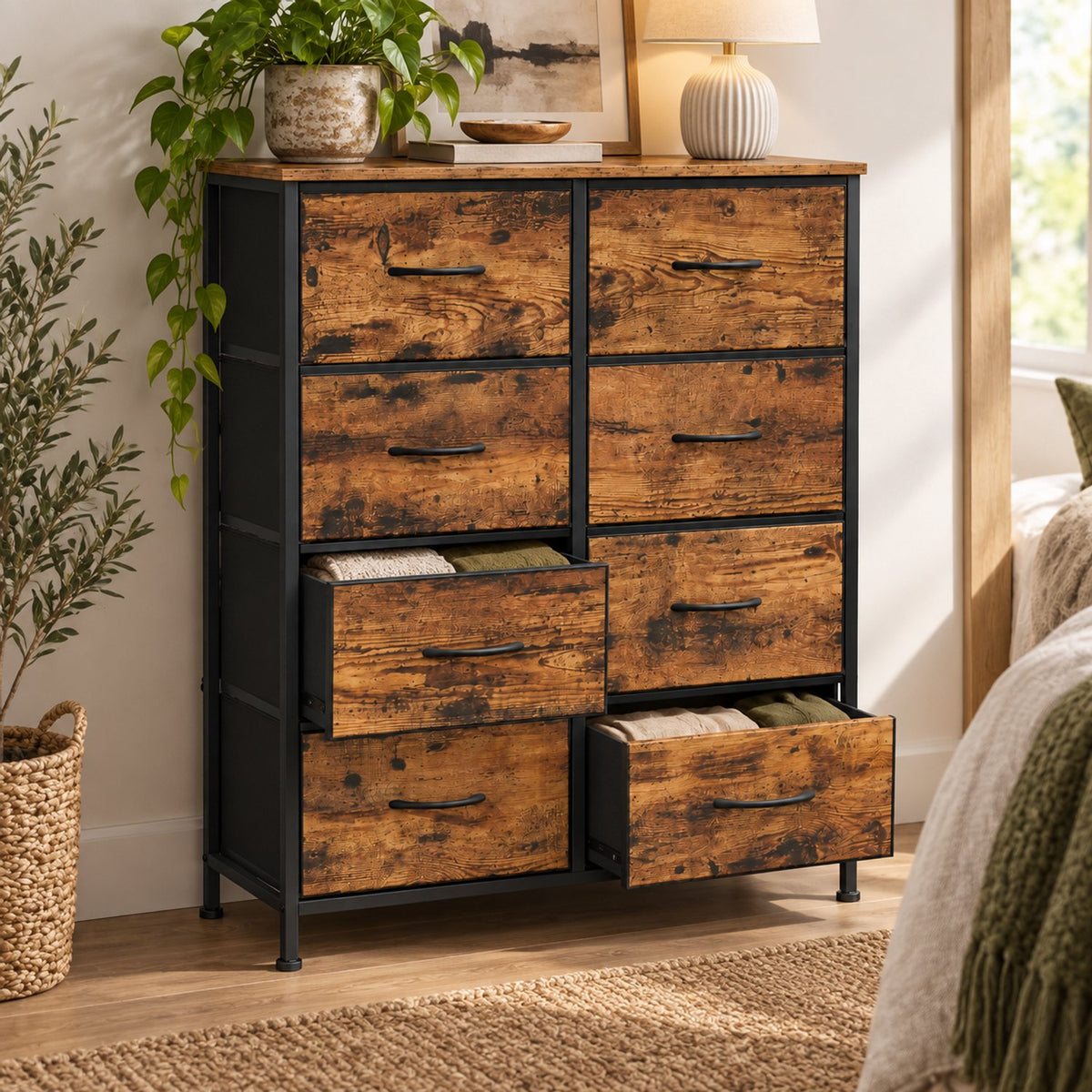 Ladekast - 8 Lades – Dressoir – 76,7 x 30 x 95,2 cm – Stalen Frame & MDF – Vintage Bruin/Zwart – Opbergkast
