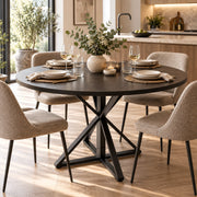 Ronde Eettafel - Ø120 cm – Donker Houtlook – Zwart Metalen Onderstel – 76 cm Hoog – Moderne Industriële Eettafel