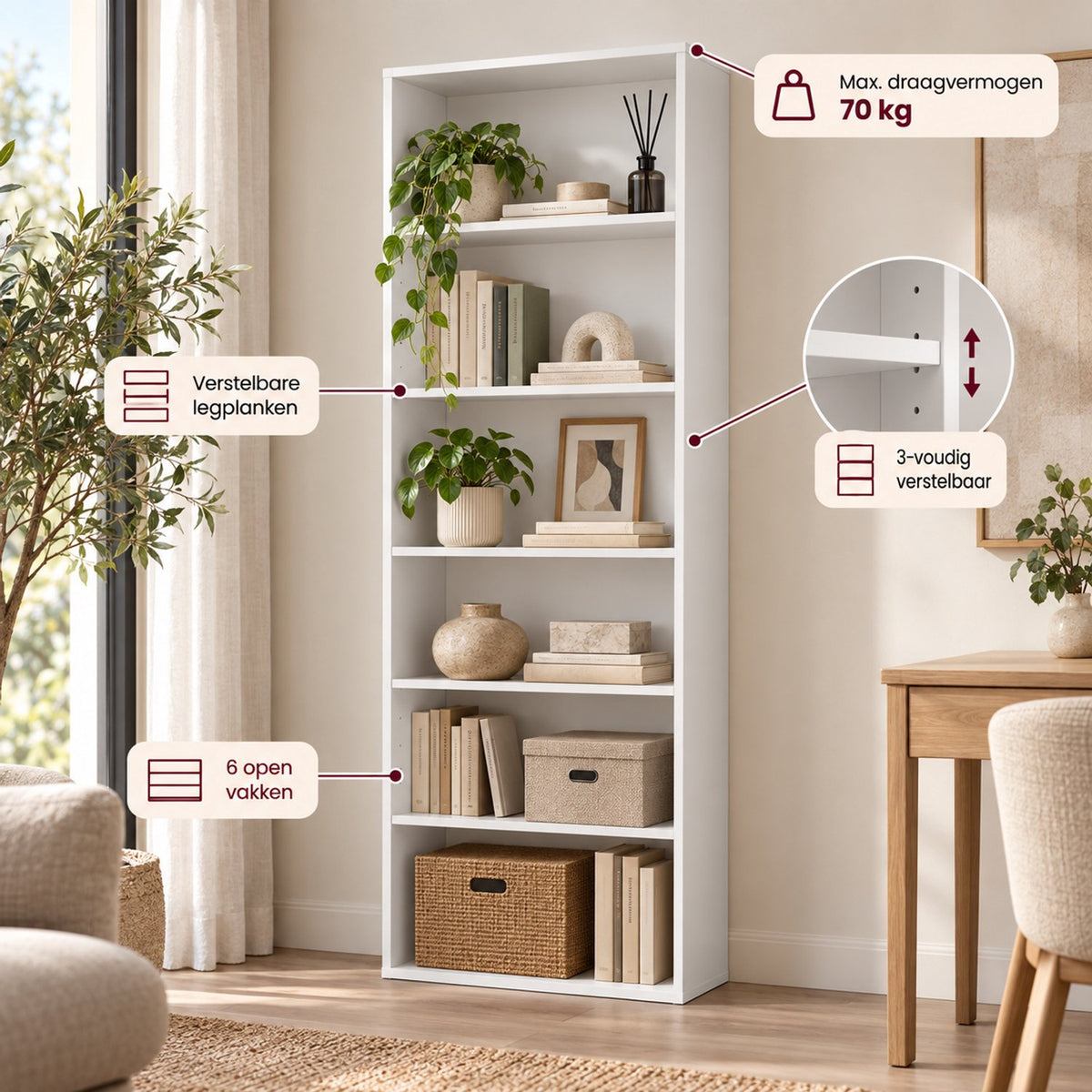 Boekenkast 6 Vakken – Open Kast 178x60x30 cm – Moderne Opbergkast – Wit – Staande Boekenkast voor Woonkamer, Slaapkamer & Kantoor