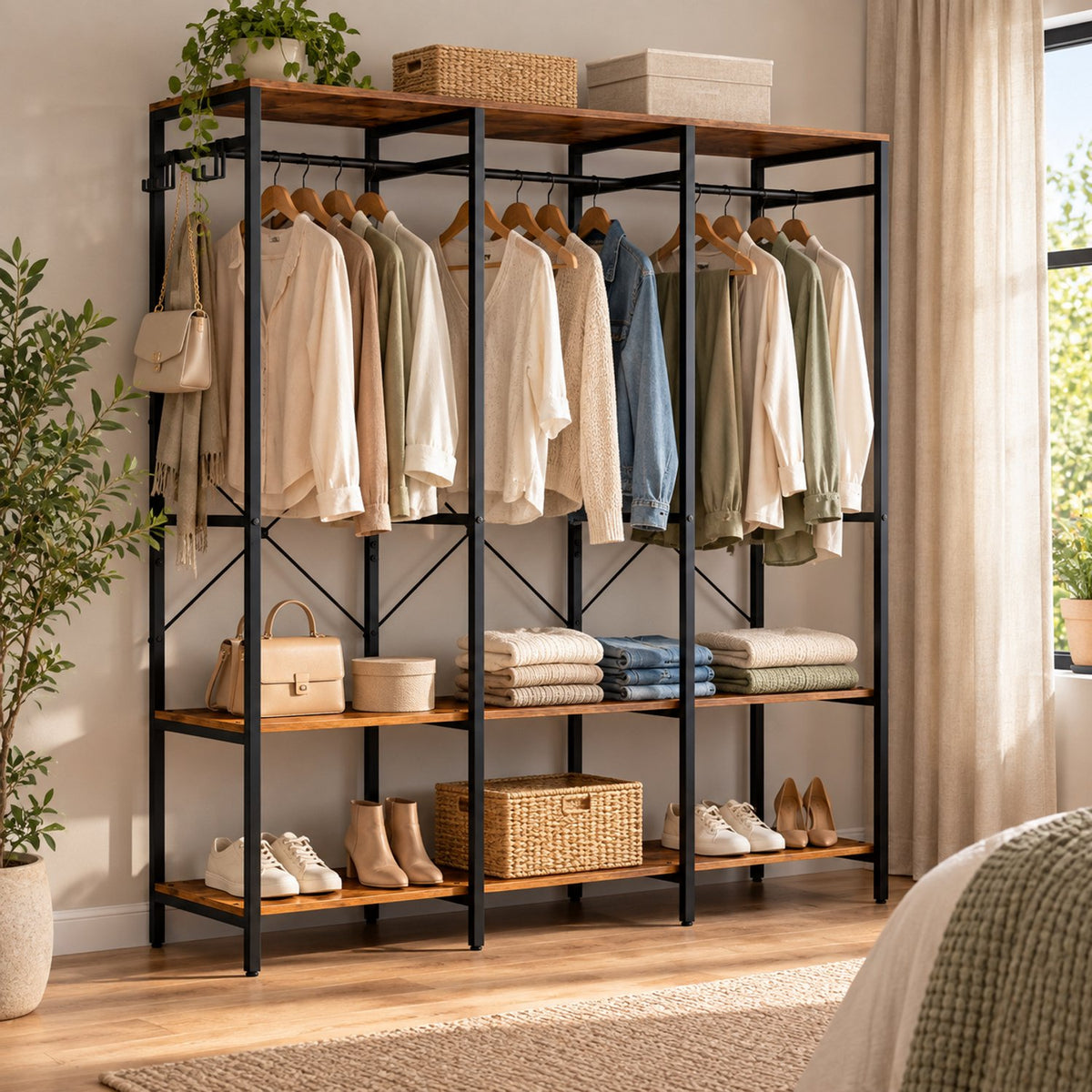 Open Kledingkast – Kledingrek met Planken en Kledingroede – Industrieel – 141 x 40 x 180 cm – Bruin/Zwart