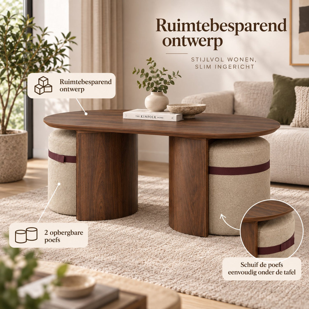 Salontafel - 108 cm - Ovaal - Inclusief 2 Gestoffeerde Poefs - Walnoot Houtlook - Space-Saving Koffietafel Set