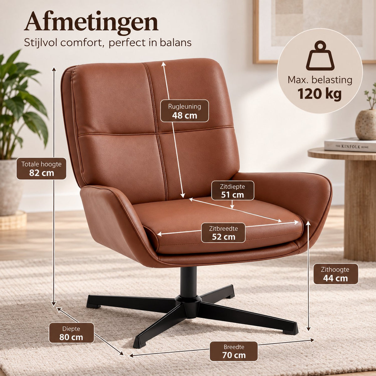 Fauteuil – 360° Draaibaar – PU Leer – Draaistoel met Armleuningen - Bruin