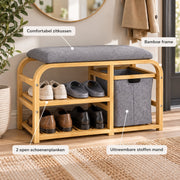 Schoenenbank - Met Zitkussen en Opbergmand - Bamboe - 2 Schoenenplanken - 70 x 30 x 45 cm - Naturel/Grijs