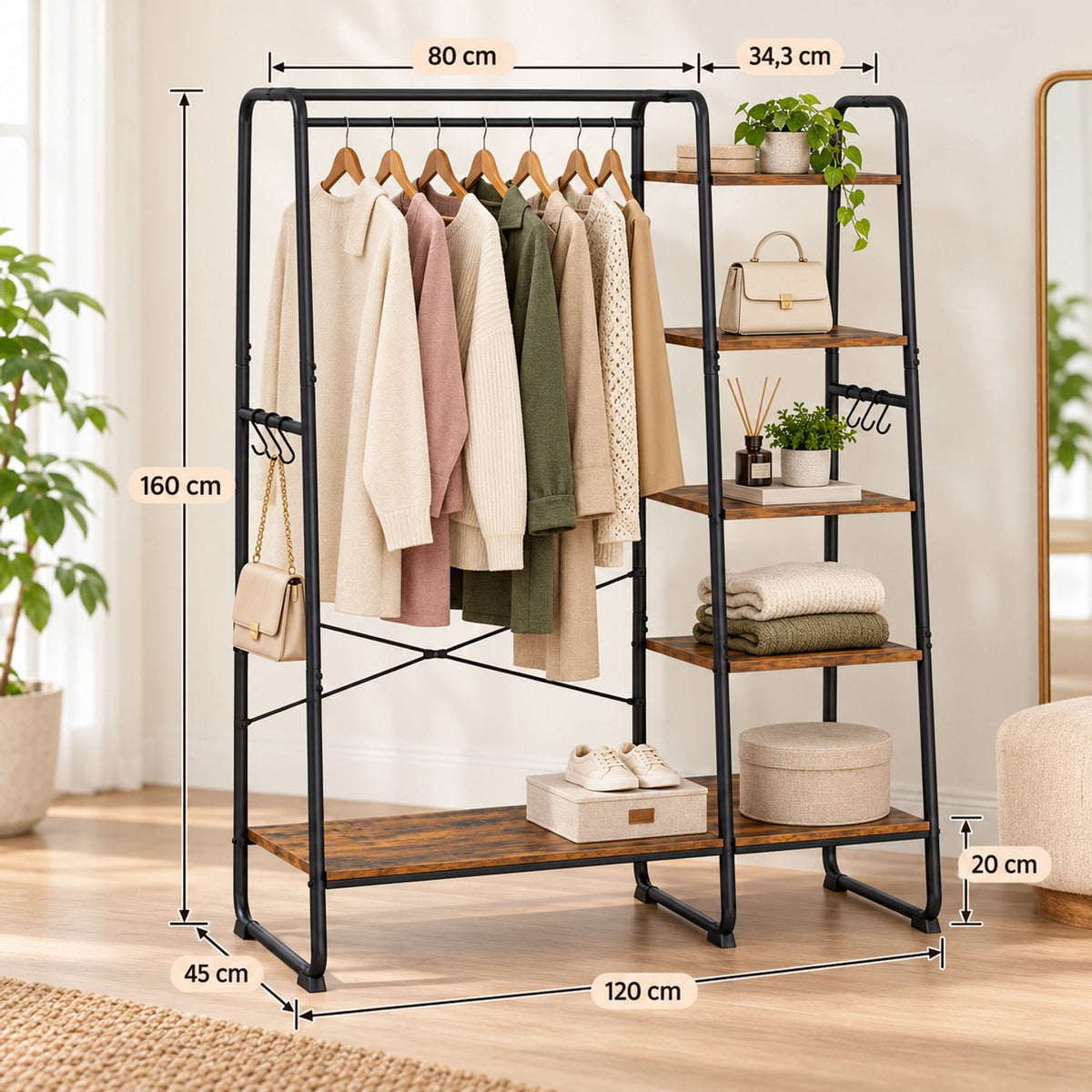 Kledingrek met Schoenenrek – Kledingstang met 5 Opbergplanken en 6 Haken – Kapstok Staand – 120 x 45 x 160 cm – Bruin/Zwart
