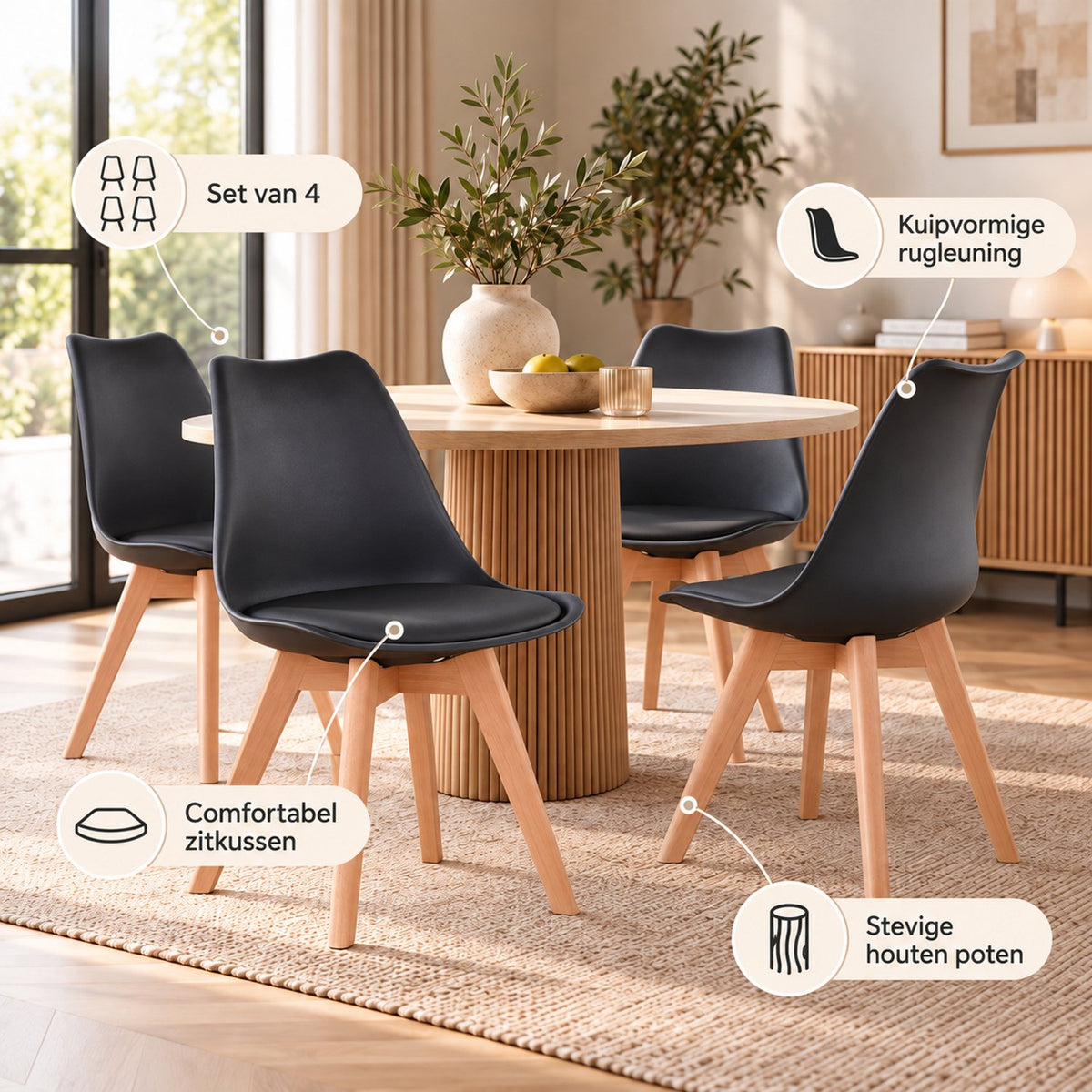 Eetkamerstoelen Set van 4 - Scandinavische Kuipstoelen - Houten Poten - Met Zitkussen - Moderne Eetkamerstoel – Zwart