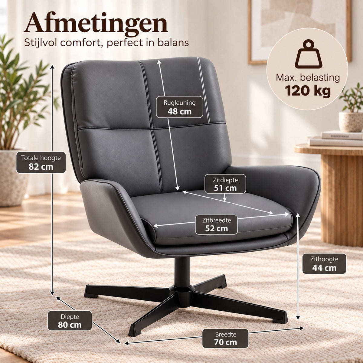 Fauteuil – 360° Draaibaar – PU Leer – Draaistoel met Armleuningen - Grijs