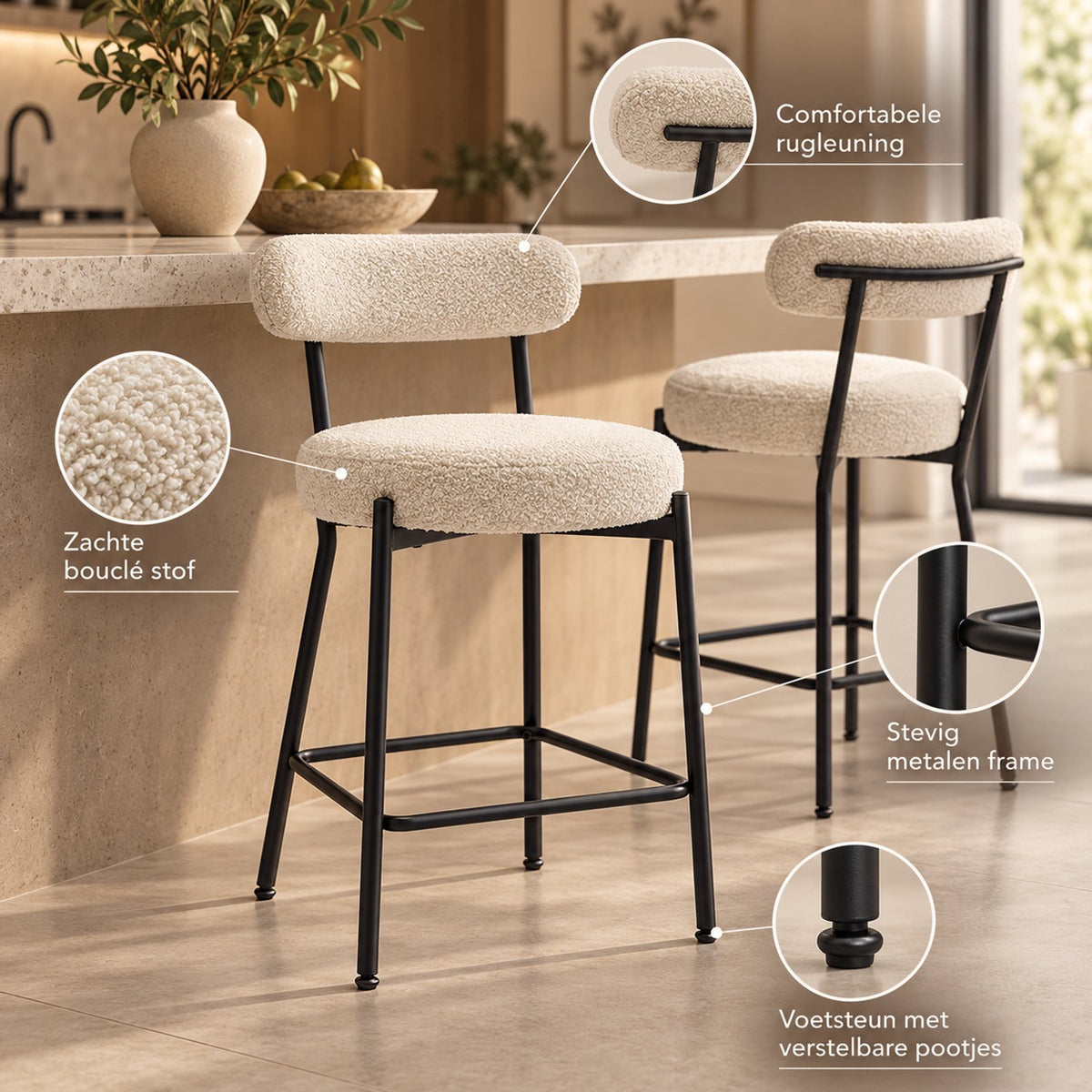 Barstoelen Set van 2 - Bouclé - Zithoogte 66 cm - Met Rugleuning en Voetsteun - Metalen Frame - Crème