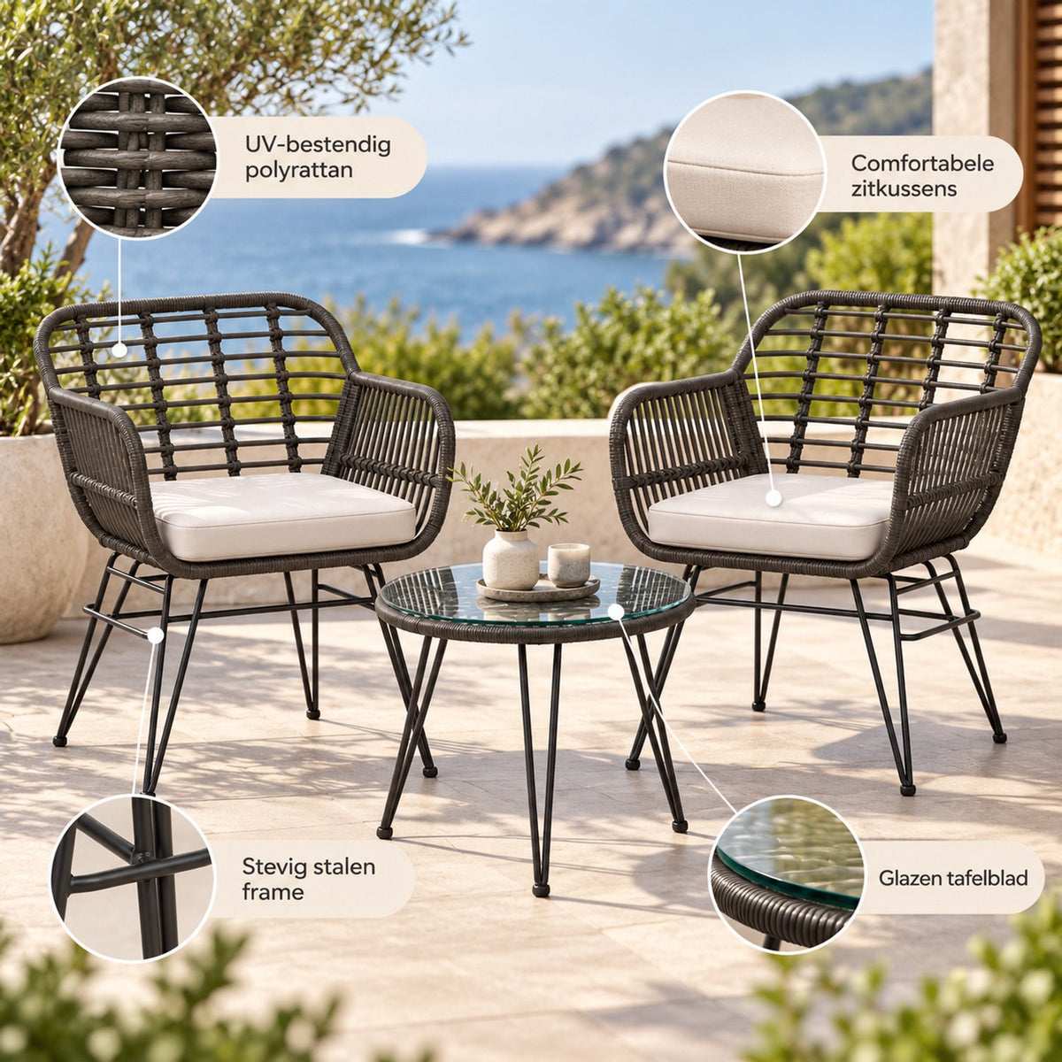 Bistroset 3 delig – 2 Rotan Tuinstoelen met Zitkussens & Tafel met Glazen Blad – Weerbestendige Balkonset – Grijs