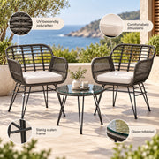 Bistroset 3 delig – 2 Rotan Tuinstoelen met Zitkussens & Tafel met Glazen Blad – Weerbestendige Balkonset – Grijs
