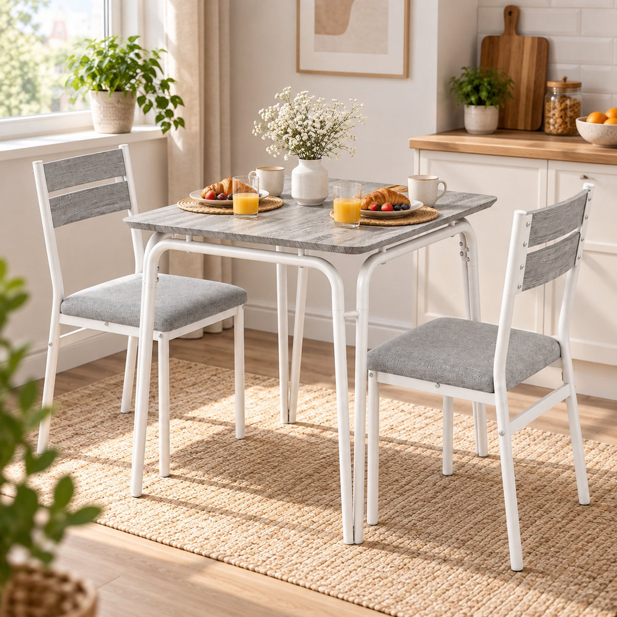 Eetkamerset voor 2 Personen – Compacte Keukentafel met 2 Stoelen – Ruimtebesparend – Wit Houtlook