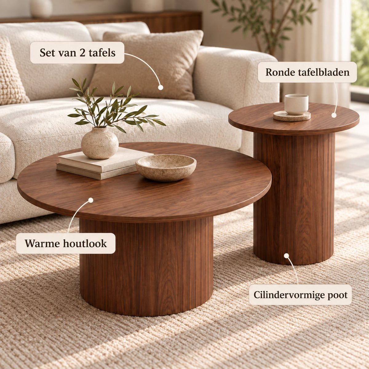 Salontafel Set van 2 – Ronde Nesttafels – Ø70 cm & Ø40 cm – MDF – Moderne Woonkamertafels – Bijzettafel & Salontafel - Walnoot