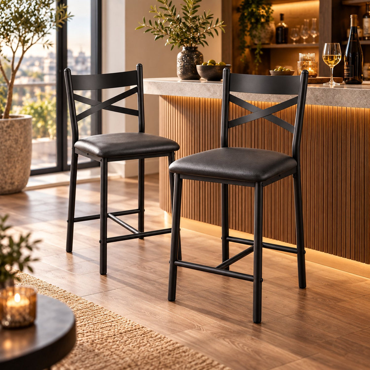 Barstoelen Set van 2 - Zithoogte 66 cm - PU Leren Zitting - Met Rugleuning en Voetsteun - Metalen Frame - Zwart