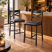 Barstoelen Set van 2 - Zithoogte 66 cm - PU Leren Zitting - Met Rugleuning en Voetsteun - Metalen Frame - Zwart
