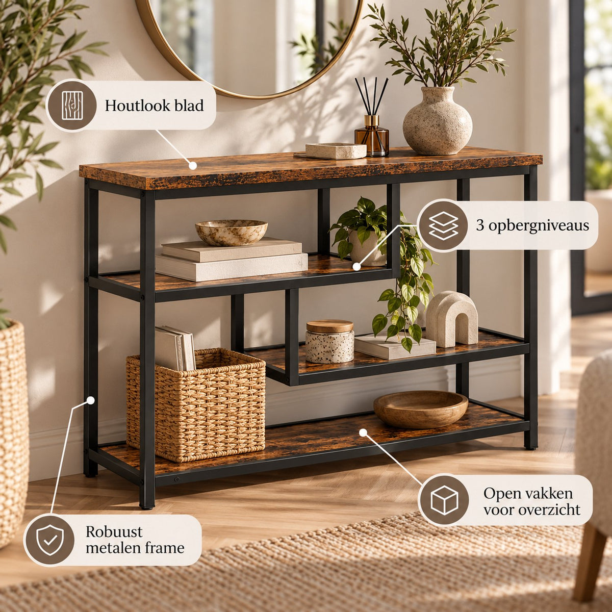 Consoletafel – Sidetable met 3 Opbergniveaus – Industrieel – Bruin/Zwart – 100 x 30 x 75 cm