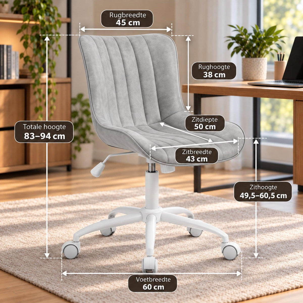 Bureaustoel - 360° Draaibaar – Gestoffeerde Design Stoel met Gegolfde Rugleuning – Compacte Thuiswerkstoel – 60 x 63 x 79 cm – Grijs