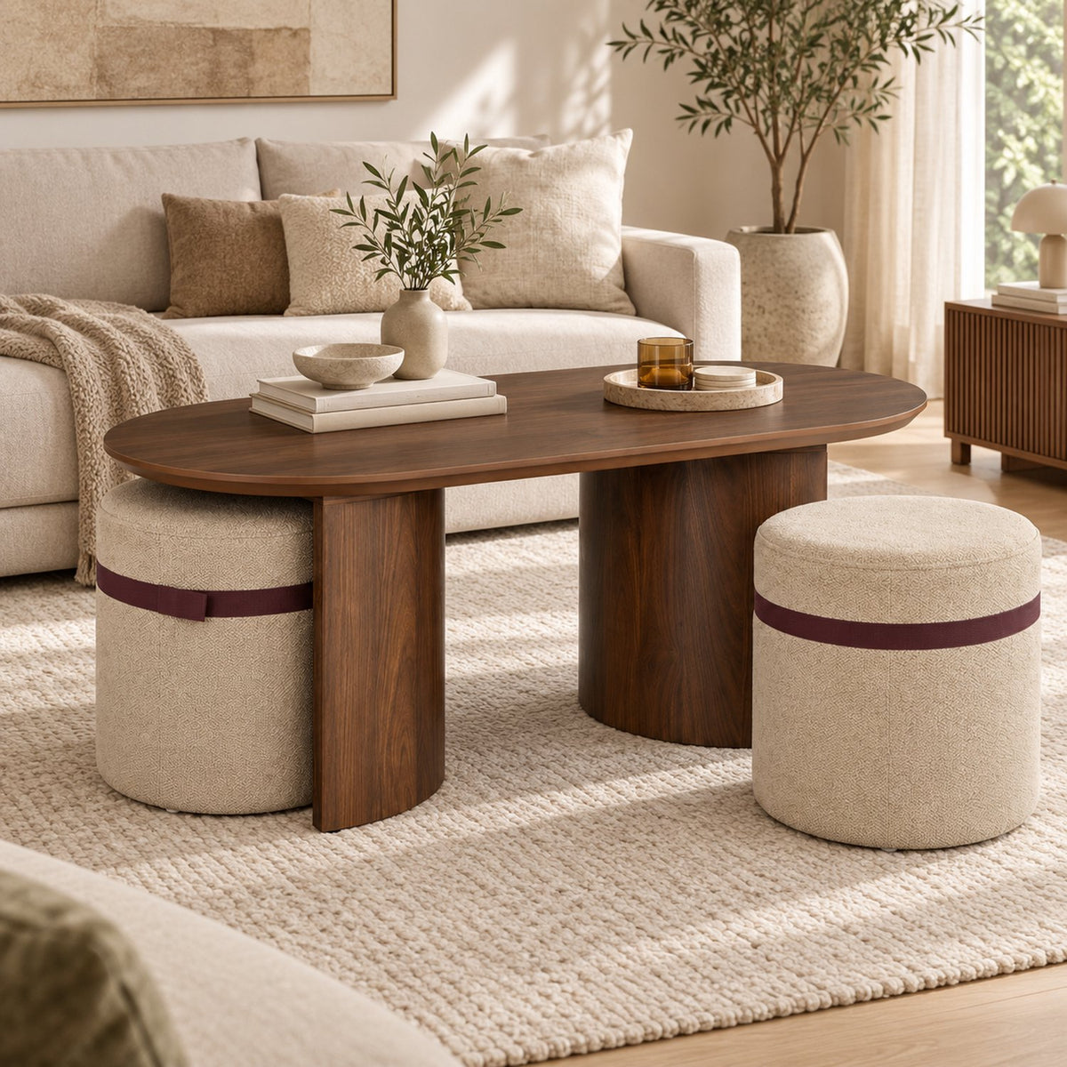 Salontafel - 108 cm - Ovaal - Inclusief 2 Gestoffeerde Poefs - Walnoot Houtlook - Space-Saving Koffietafel Set