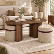 Salontafel - 108 cm - Ovaal - Inclusief 2 Gestoffeerde Poefs - Walnoot Houtlook - Space-Saving Koffietafel Set