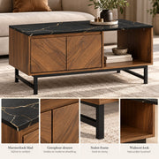 Salontafel - Woonkamertafel met Opbergruimte - 2 Deuren en Open Vak - Marmerlook & Walnoot - Metalen Frame - 100 x 45,7 cm