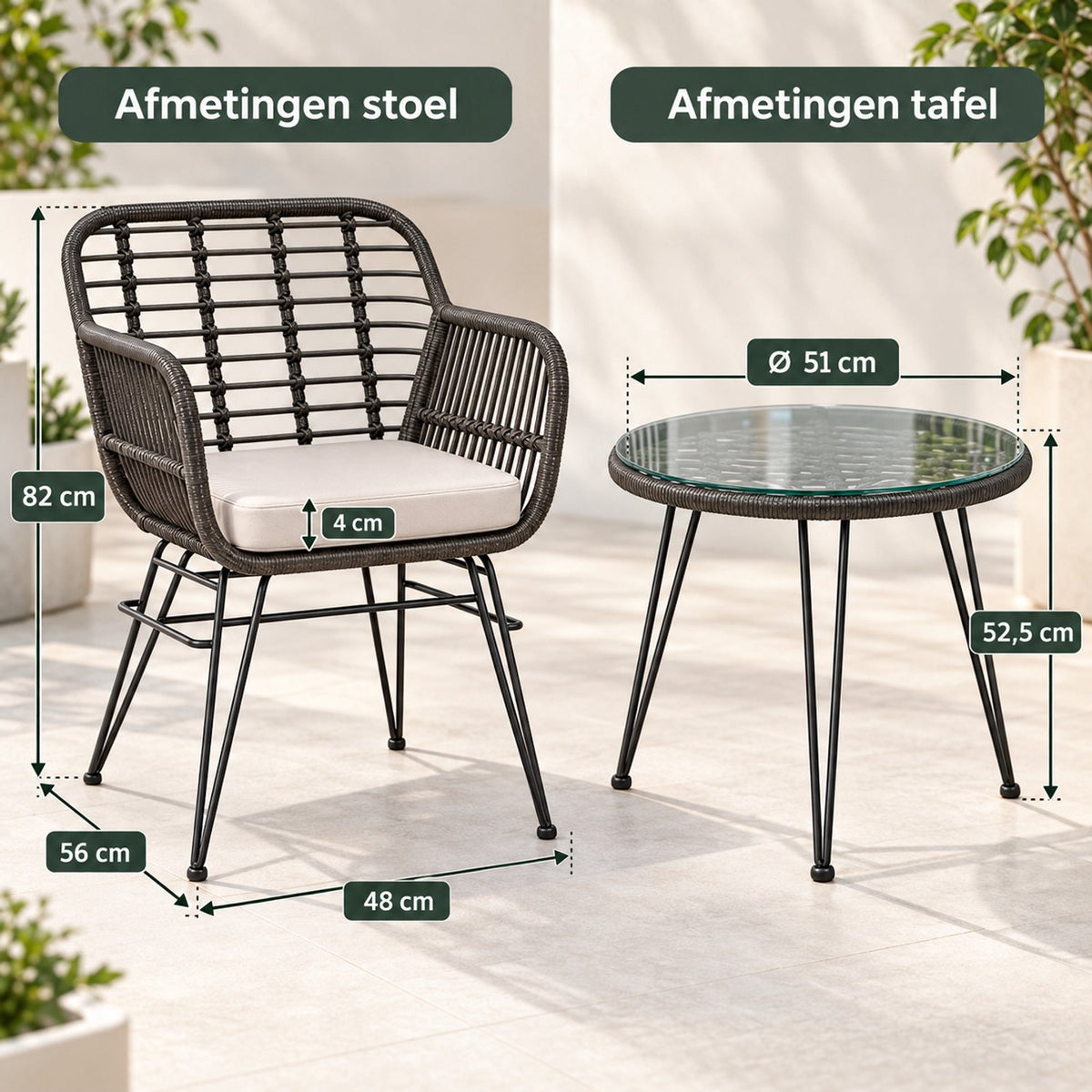 Bistroset 3 delig – 2 Rotan Tuinstoelen met Zitkussens & Tafel met Glazen Blad – Weerbestendige Balkonset – Grijs