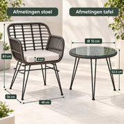 Bistroset 3 delig – 2 Rotan Tuinstoelen met Zitkussens & Tafel met Glazen Blad – Weerbestendige Balkonset – Grijs